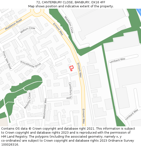 72, CANTERBURY CLOSE, BANBURY, OX16 4FF: Location map and indicative extent of plot