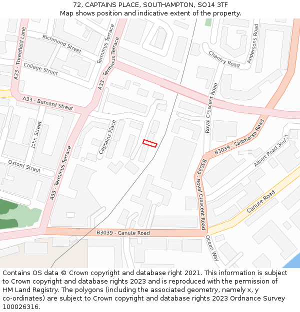 72, CAPTAINS PLACE, SOUTHAMPTON, SO14 3TF: Location map and indicative extent of plot