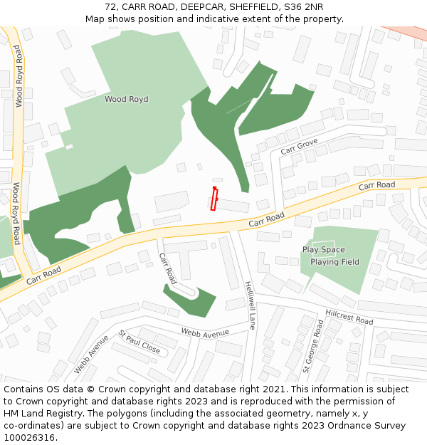 72, CARR ROAD, DEEPCAR, SHEFFIELD, S36 2NR: Location map and indicative extent of plot