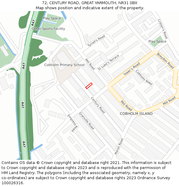 72, CENTURY ROAD, GREAT YARMOUTH, NR31 0BX: Location map and indicative extent of plot