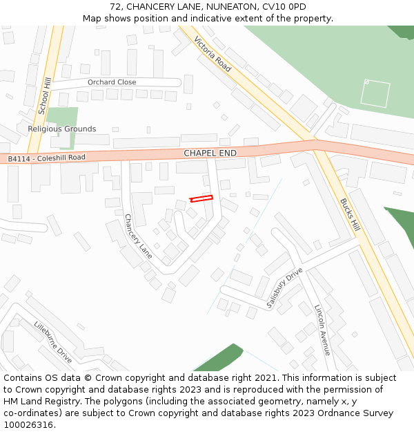 72, CHANCERY LANE, NUNEATON, CV10 0PD: Location map and indicative extent of plot