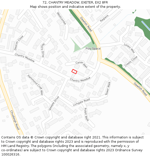 72, CHANTRY MEADOW, EXETER, EX2 8FR: Location map and indicative extent of plot