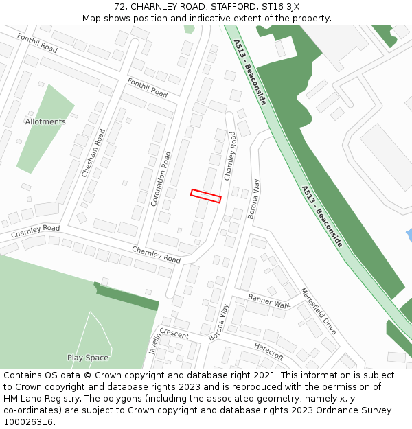 72, CHARNLEY ROAD, STAFFORD, ST16 3JX: Location map and indicative extent of plot