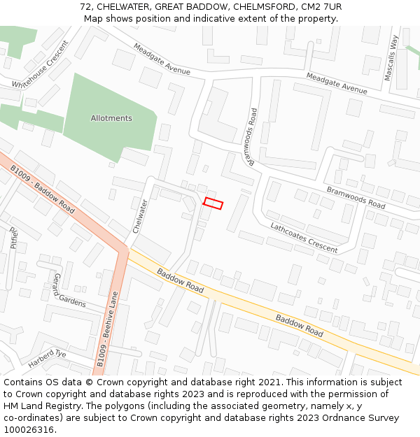 72, CHELWATER, GREAT BADDOW, CHELMSFORD, CM2 7UR: Location map and indicative extent of plot