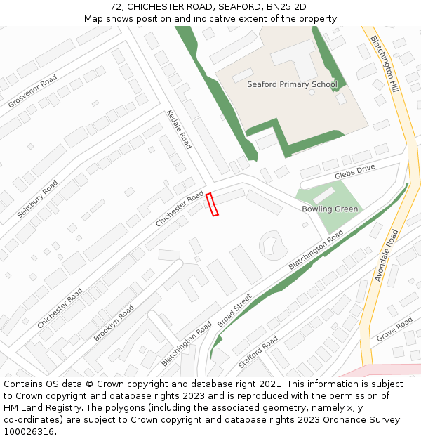72, CHICHESTER ROAD, SEAFORD, BN25 2DT: Location map and indicative extent of plot