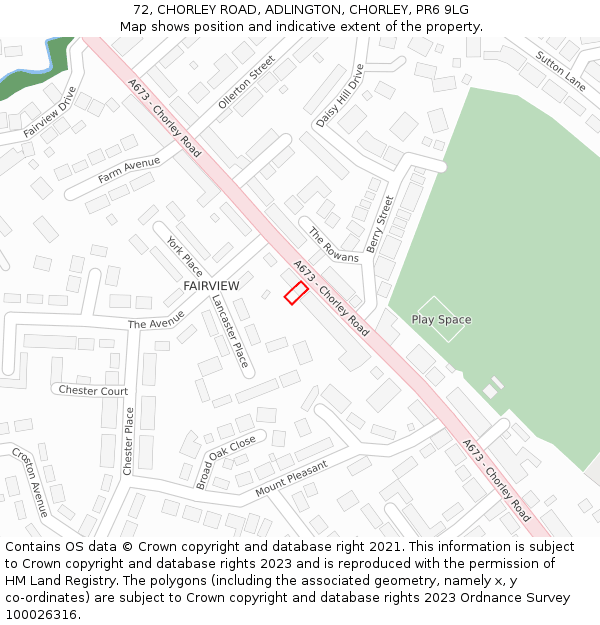 72, CHORLEY ROAD, ADLINGTON, CHORLEY, PR6 9LG: Location map and indicative extent of plot