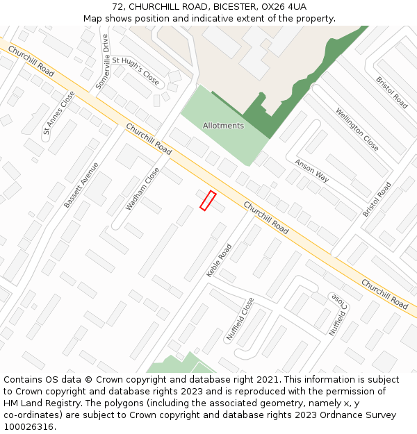 72, CHURCHILL ROAD, BICESTER, OX26 4UA: Location map and indicative extent of plot