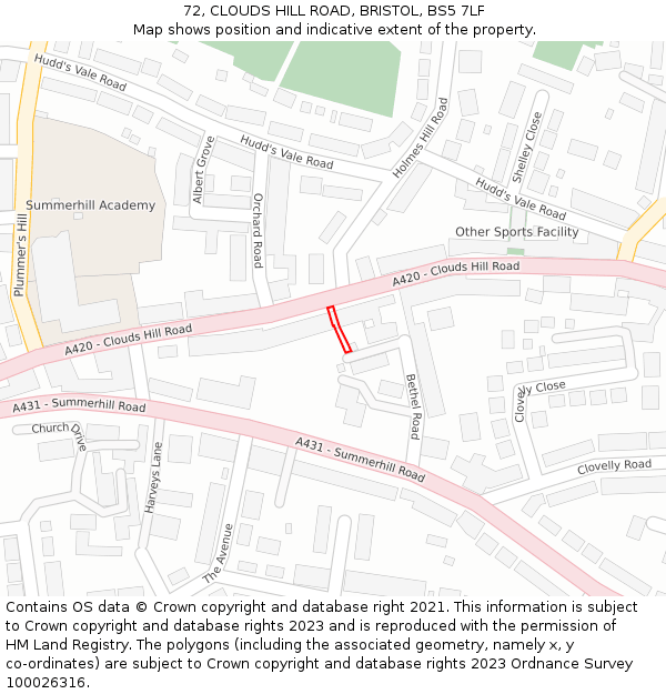 72, CLOUDS HILL ROAD, BRISTOL, BS5 7LF: Location map and indicative extent of plot