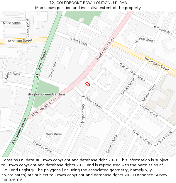 72, COLEBROOKE ROW, LONDON, N1 8AA: Location map and indicative extent of plot