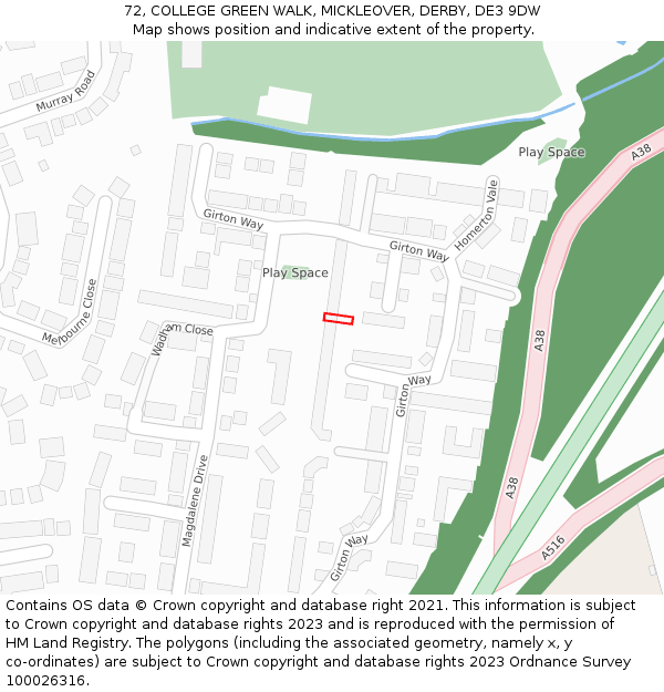 72, COLLEGE GREEN WALK, MICKLEOVER, DERBY, DE3 9DW: Location map and indicative extent of plot