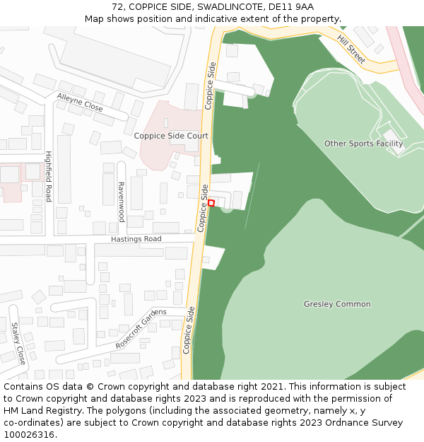 72, COPPICE SIDE, SWADLINCOTE, DE11 9AA: Location map and indicative extent of plot