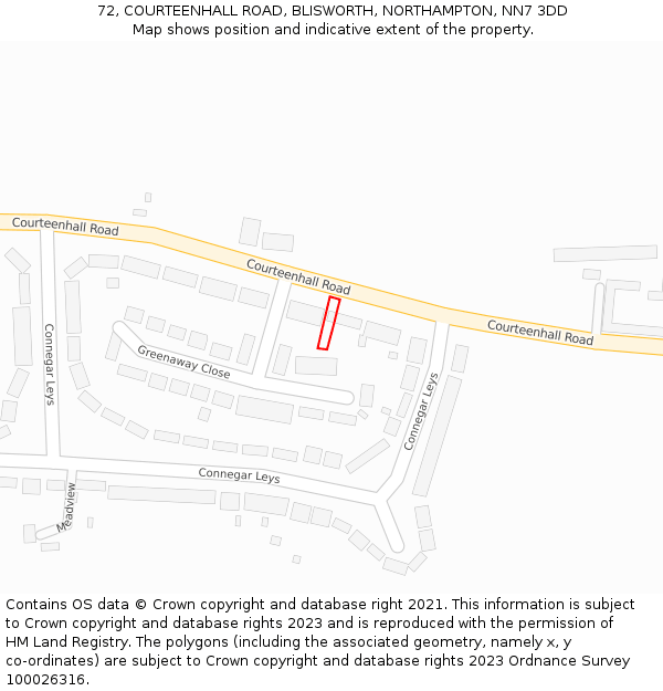 72, COURTEENHALL ROAD, BLISWORTH, NORTHAMPTON, NN7 3DD: Location map and indicative extent of plot