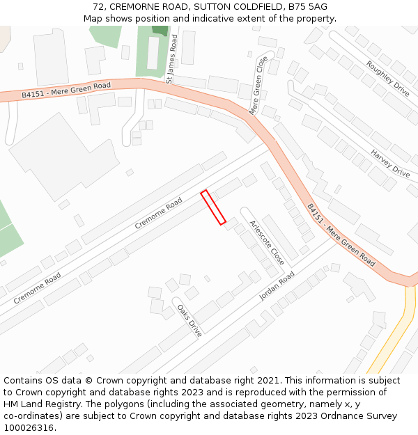 72, CREMORNE ROAD, SUTTON COLDFIELD, B75 5AG: Location map and indicative extent of plot