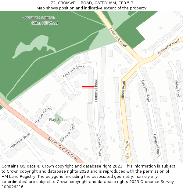 72, CROMWELL ROAD, CATERHAM, CR3 5JB: Location map and indicative extent of plot
