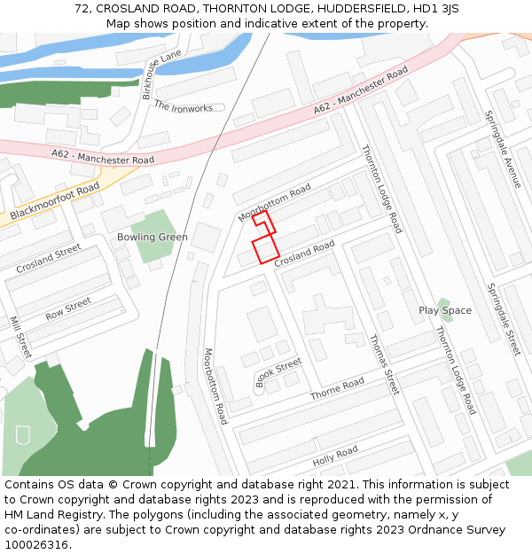 72, CROSLAND ROAD, THORNTON LODGE, HUDDERSFIELD, HD1 3JS: Location map and indicative extent of plot
