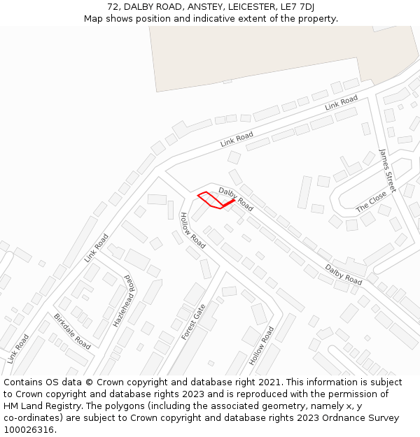 72, DALBY ROAD, ANSTEY, LEICESTER, LE7 7DJ: Location map and indicative extent of plot