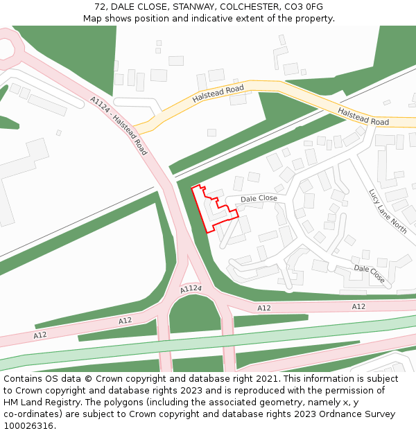 72, DALE CLOSE, STANWAY, COLCHESTER, CO3 0FG: Location map and indicative extent of plot