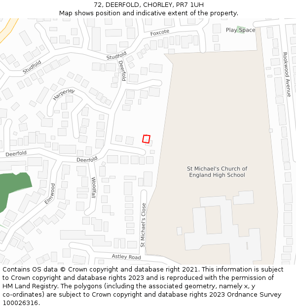 72, DEERFOLD, CHORLEY, PR7 1UH: Location map and indicative extent of plot