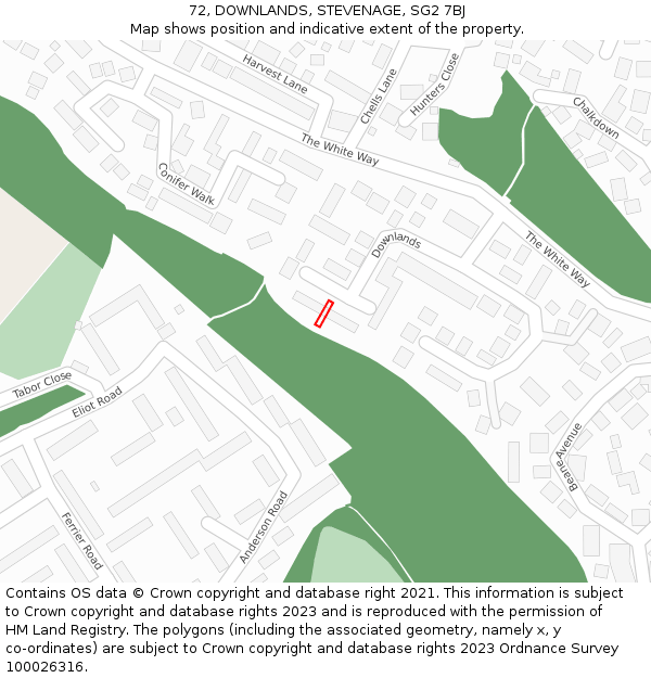 72, DOWNLANDS, STEVENAGE, SG2 7BJ: Location map and indicative extent of plot