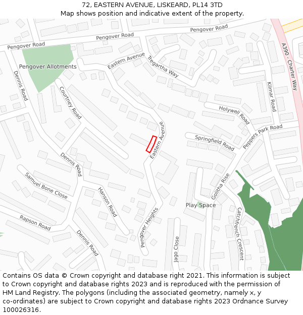 72, EASTERN AVENUE, LISKEARD, PL14 3TD: Location map and indicative extent of plot
