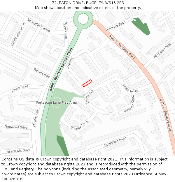 72, EATON DRIVE, RUGELEY, WS15 2FS: Location map and indicative extent of plot