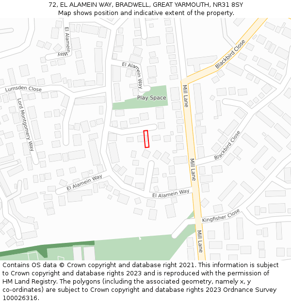 72, EL ALAMEIN WAY, BRADWELL, GREAT YARMOUTH, NR31 8SY: Location map and indicative extent of plot
