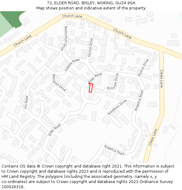 72, ELDER ROAD, BISLEY, WOKING, GU24 9SA: Location map and indicative extent of plot
