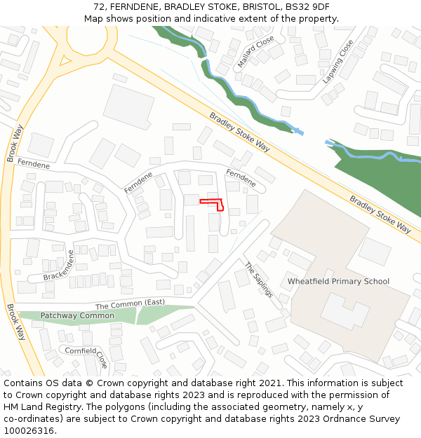 72, FERNDENE, BRADLEY STOKE, BRISTOL, BS32 9DF: Location map and indicative extent of plot