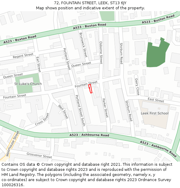 72, FOUNTAIN STREET, LEEK, ST13 6JY: Location map and indicative extent of plot