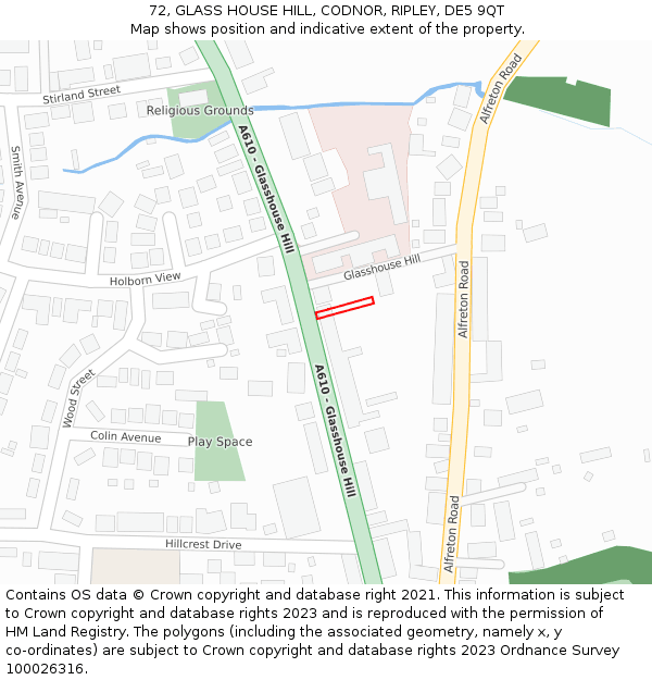 72, GLASS HOUSE HILL, CODNOR, RIPLEY, DE5 9QT: Location map and indicative extent of plot