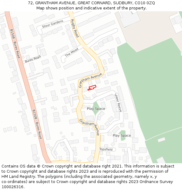 72, GRANTHAM AVENUE, GREAT CORNARD, SUDBURY, CO10 0ZQ: Location map and indicative extent of plot
