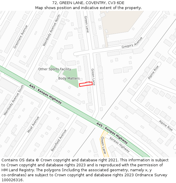 72, GREEN LANE, COVENTRY, CV3 6DE: Location map and indicative extent of plot