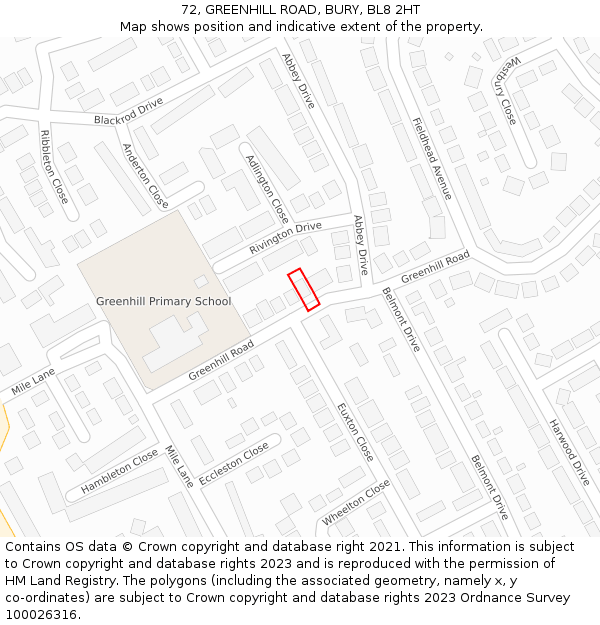 72, GREENHILL ROAD, BURY, BL8 2HT: Location map and indicative extent of plot