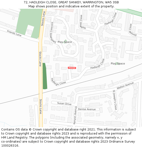 72, HADLEIGH CLOSE, GREAT SANKEY, WARRINGTON, WA5 3SB: Location map and indicative extent of plot