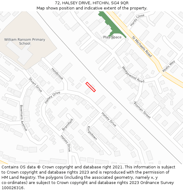 72, HALSEY DRIVE, HITCHIN, SG4 9QR: Location map and indicative extent of plot