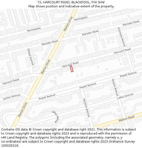 72, HARCOURT ROAD, BLACKPOOL, FY4 3HW: Location map and indicative extent of plot