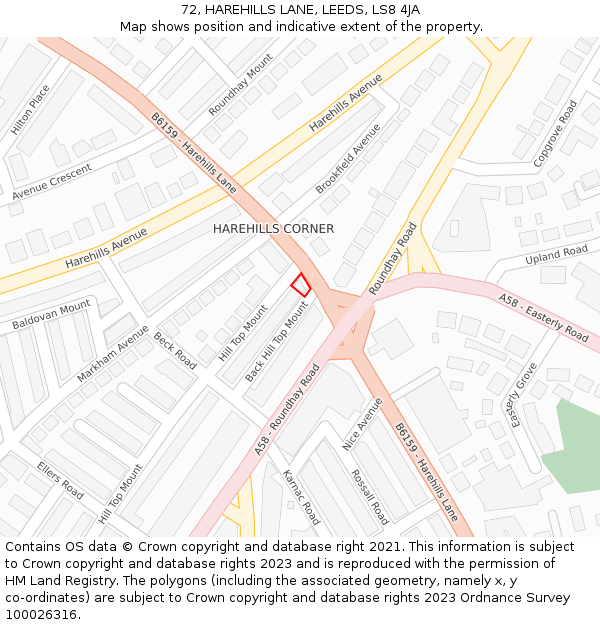 72, HAREHILLS LANE, LEEDS, LS8 4JA: Location map and indicative extent of plot