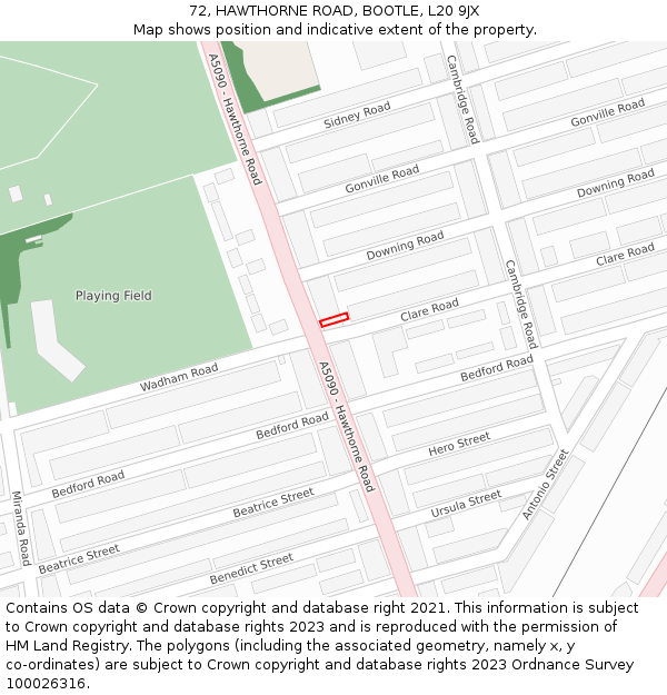 72, HAWTHORNE ROAD, BOOTLE, L20 9JX: Location map and indicative extent of plot