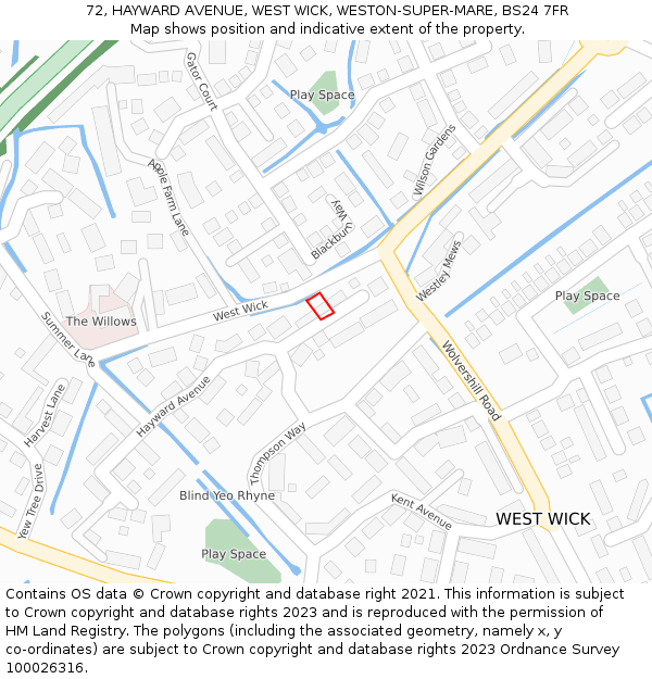 72, HAYWARD AVENUE, WEST WICK, WESTON-SUPER-MARE, BS24 7FR: Location map and indicative extent of plot