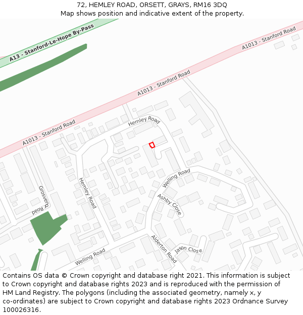 72, HEMLEY ROAD, ORSETT, GRAYS, RM16 3DQ: Location map and indicative extent of plot