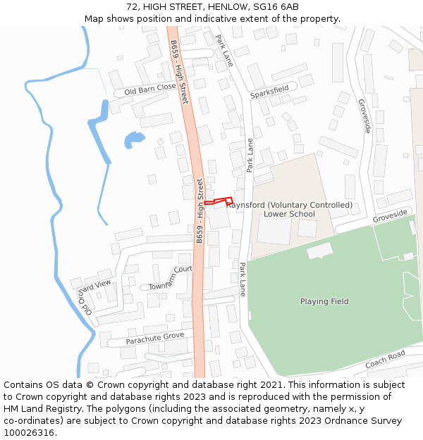 72, HIGH STREET, HENLOW, SG16 6AB: Location map and indicative extent of plot