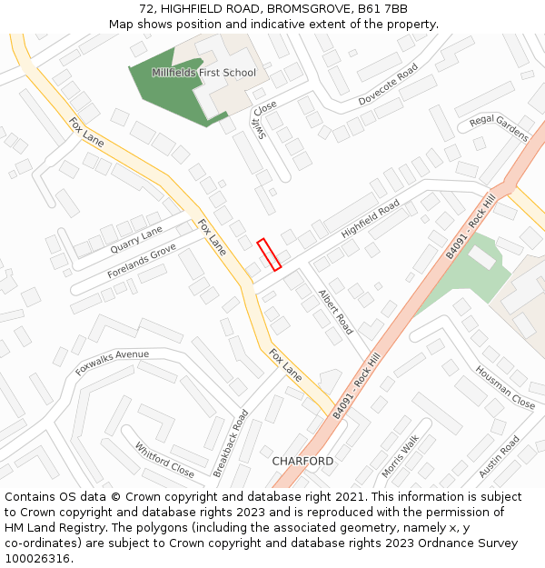 72, HIGHFIELD ROAD, BROMSGROVE, B61 7BB: Location map and indicative extent of plot