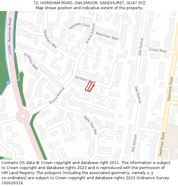 72, HORSHAM ROAD, OWLSMOOR, SANDHURST, GU47 0YZ: Location map and indicative extent of plot