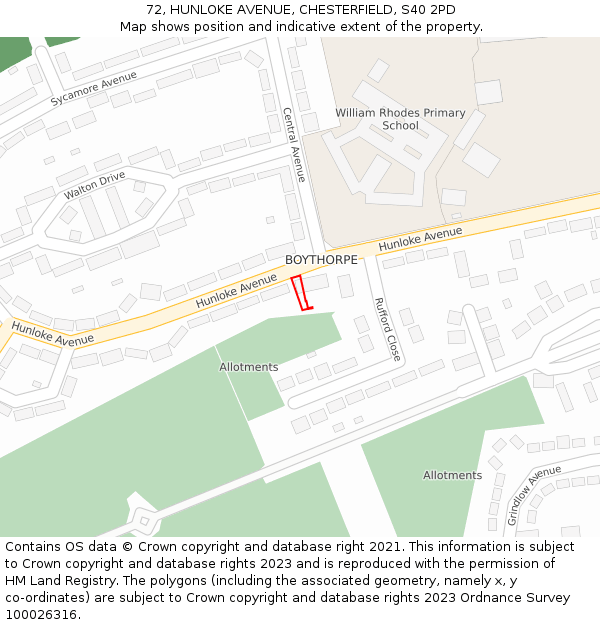 72, HUNLOKE AVENUE, CHESTERFIELD, S40 2PD: Location map and indicative extent of plot