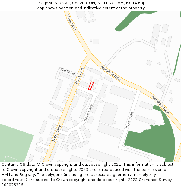 72, JAMES DRIVE, CALVERTON, NOTTINGHAM, NG14 6RJ: Location map and indicative extent of plot