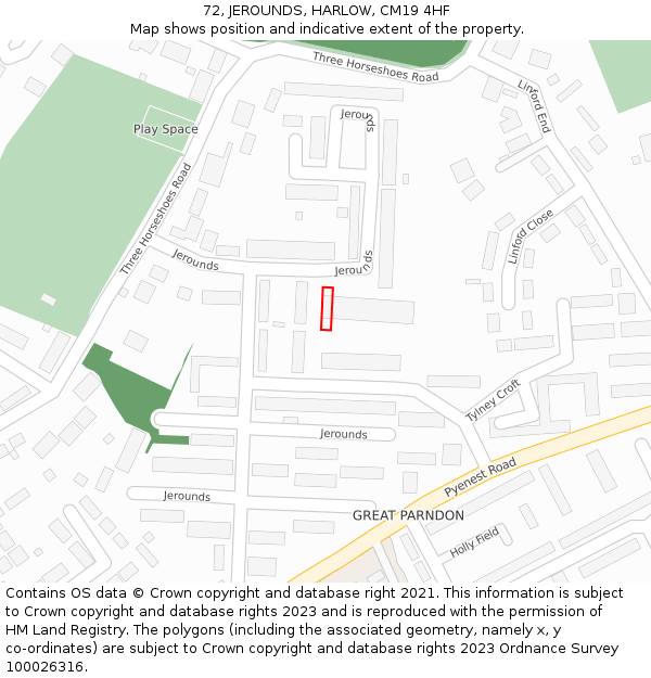 72, JEROUNDS, HARLOW, CM19 4HF: Location map and indicative extent of plot