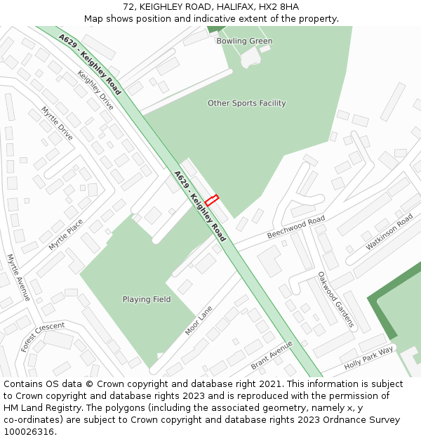 72, KEIGHLEY ROAD, HALIFAX, HX2 8HA: Location map and indicative extent of plot