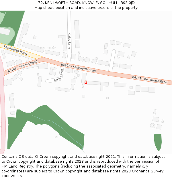 72, KENILWORTH ROAD, KNOWLE, SOLIHULL, B93 0JD: Location map and indicative extent of plot