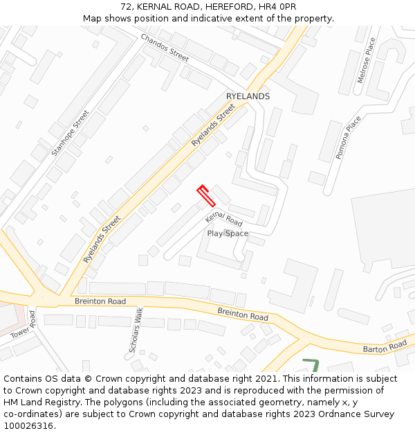 72, KERNAL ROAD, HEREFORD, HR4 0PR: Location map and indicative extent of plot