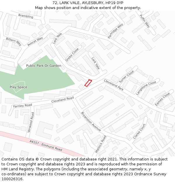 72, LARK VALE, AYLESBURY, HP19 0YP: Location map and indicative extent of plot